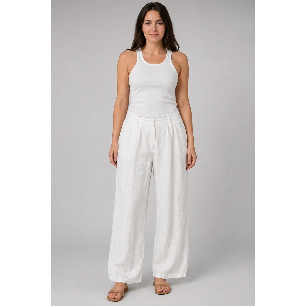 Quince 100% European Linen Pleated Trouser Womens 12 White Wide Leg Pant Coastal